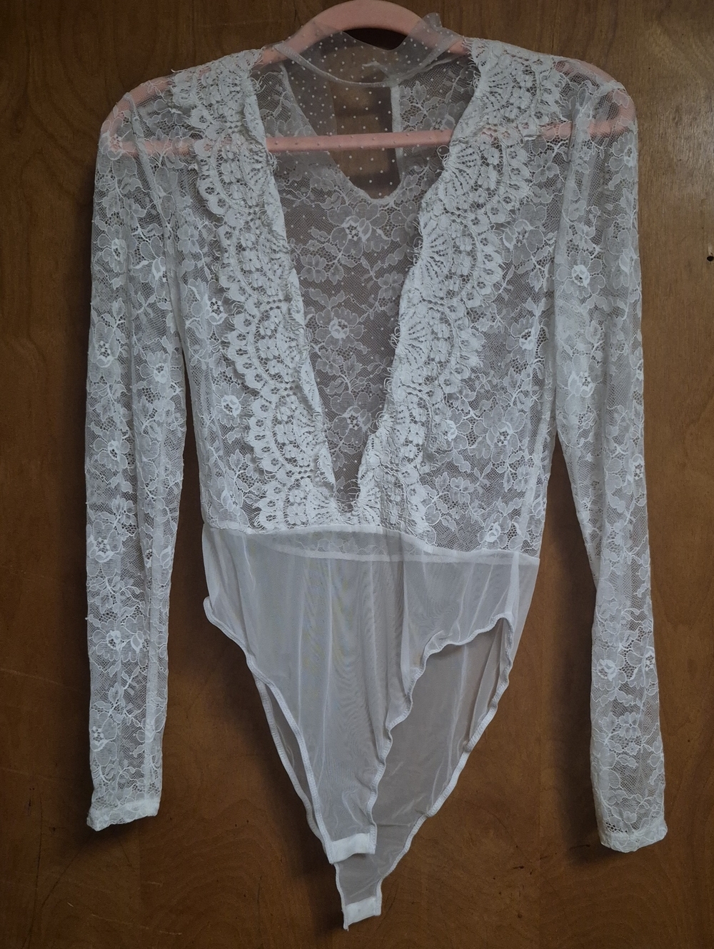 White Lace Long-Sleeve Mesh Bodysuit